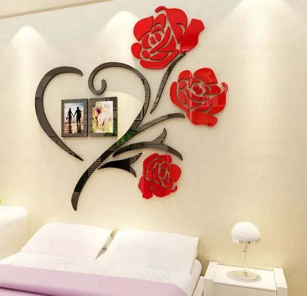 Acrylic Red Rose Heart Flower With 2 Picture Frames Wooden Wall Decoration Store