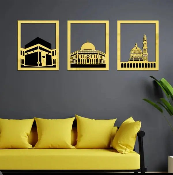 Set Of 3 Masjid Al-haram – Masjid Al-Aqsa & Masjid An-Nabawi Wall Decor Wall Sticker Muslim Acrylic Mirror Wooden Room Decor (silver, Golden) Store