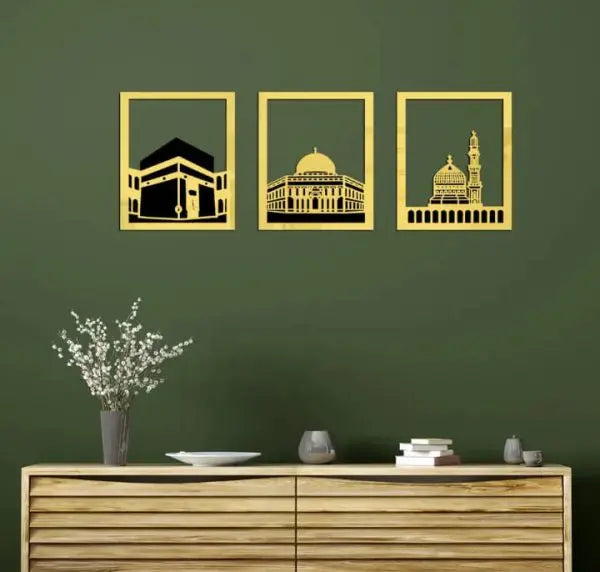 Set Of 3 Masjid Al-haram – Masjid Al-Aqsa & Masjid An-Nabawi Wall Decor Wall Sticker Muslim Acrylic Mirror Wooden Room Decor (silver, Golden) Store