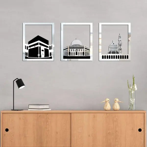 Set Of 3 Masjid Al-haram – Masjid Al-Aqsa & Masjid An-Nabawi Wall Decor Wall Sticker Muslim Acrylic Mirror Wooden Room Decor (silver, Golden) Store